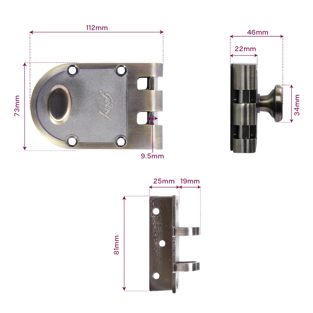 Godrej Rim Lock | Vertibolt Ultra Lock For Wooden Main Door | 1CK Deadbolt | 14 Pin Cylinder | For Inside Opening or Double Dooror Sliding Door | 4 Keys | 5 Yr Warranty | Manual Locking | Antique Brass